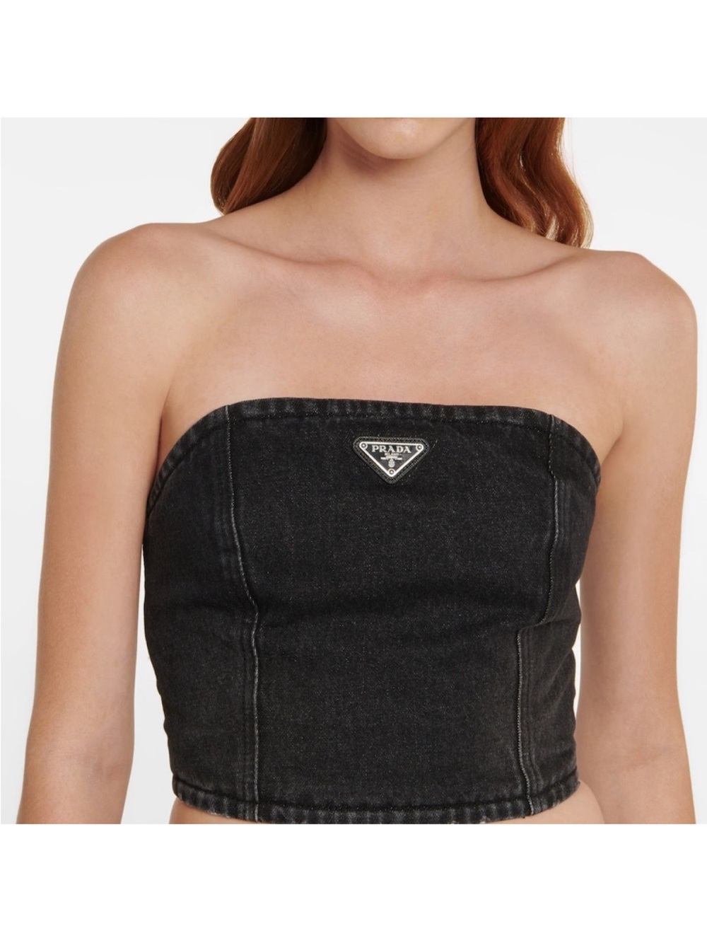 Prada Black Denim Strapless Crop Bustier